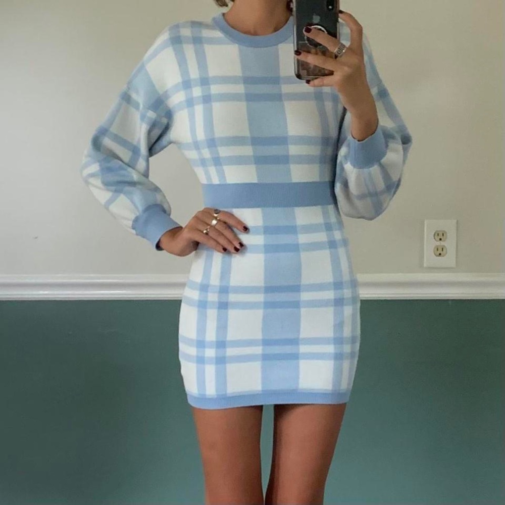 Blue and white sweater long sleeve mini dress